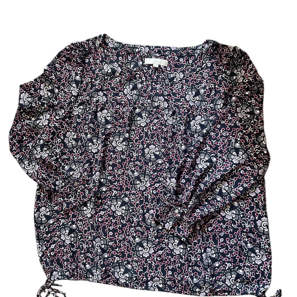LOFT Floral Blouse XXL Black Pink Long Sleeve Boho Button Tab - Picture 7 of 7